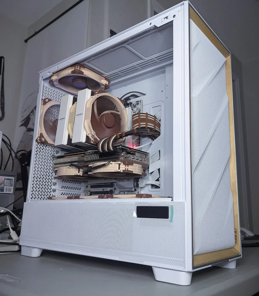 Antec Flux Pro workstation decked out with ten Noctua fans and a Noctua modded EVGA FTW3 Ultra Gaming RTX 3080 TI