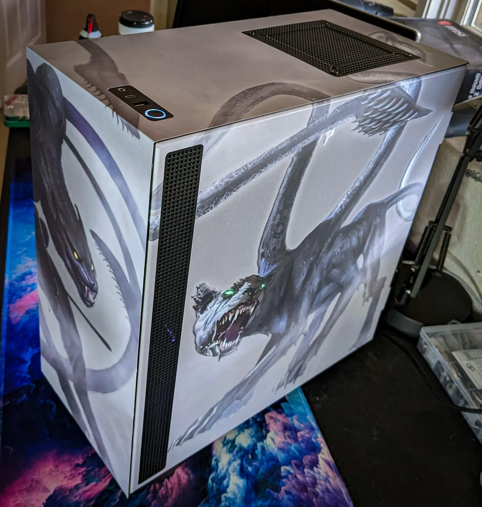 Back view of Displacer Beast-themed wrap on NZXT H510i case