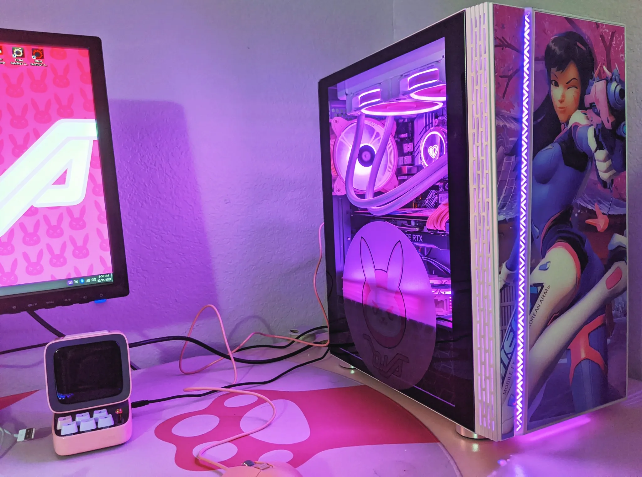 Front view of D.VA-themed wrap on DIYPC case