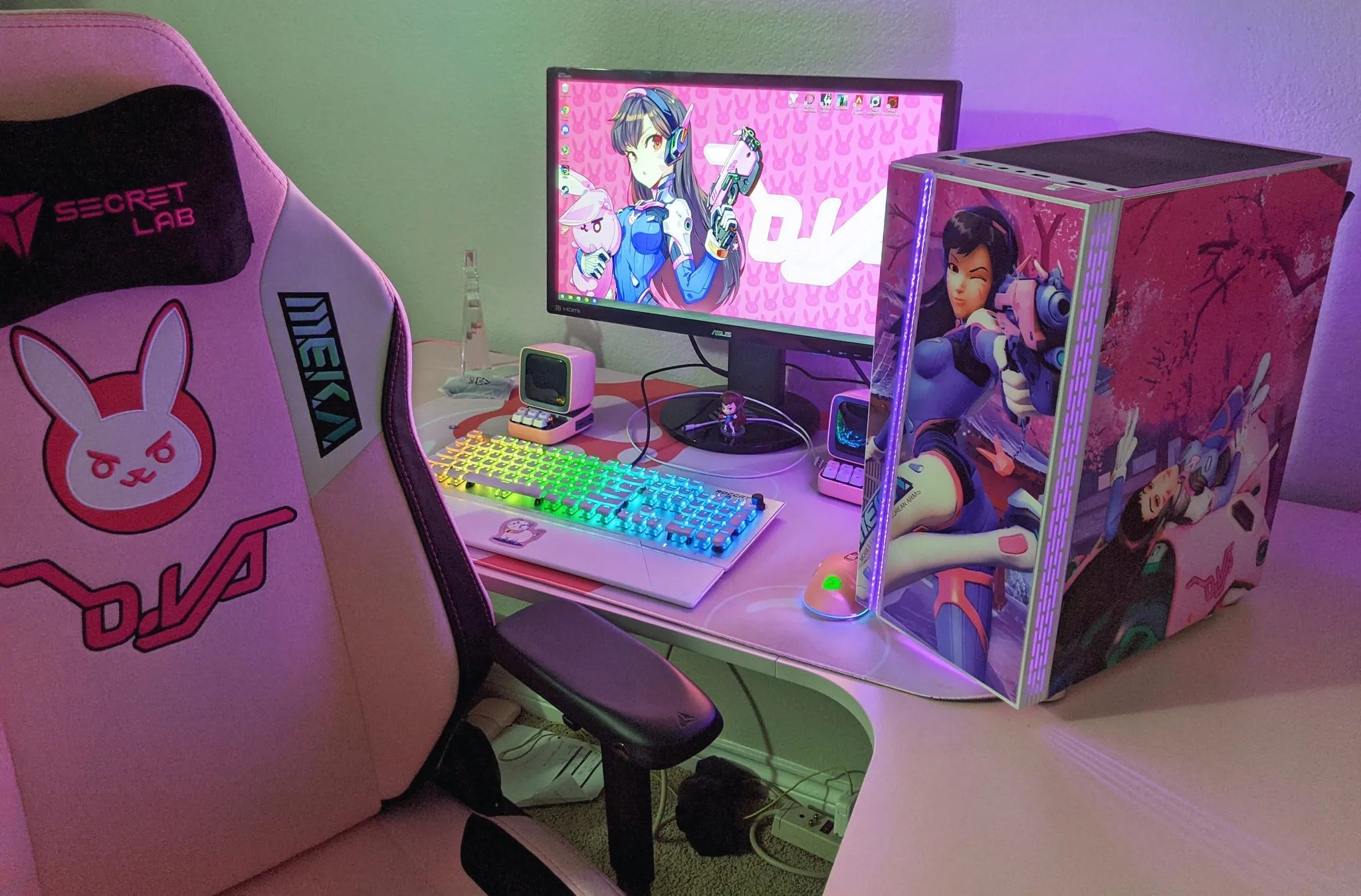 Full setup view featuring D.VA-themed wrap on DIYPC case