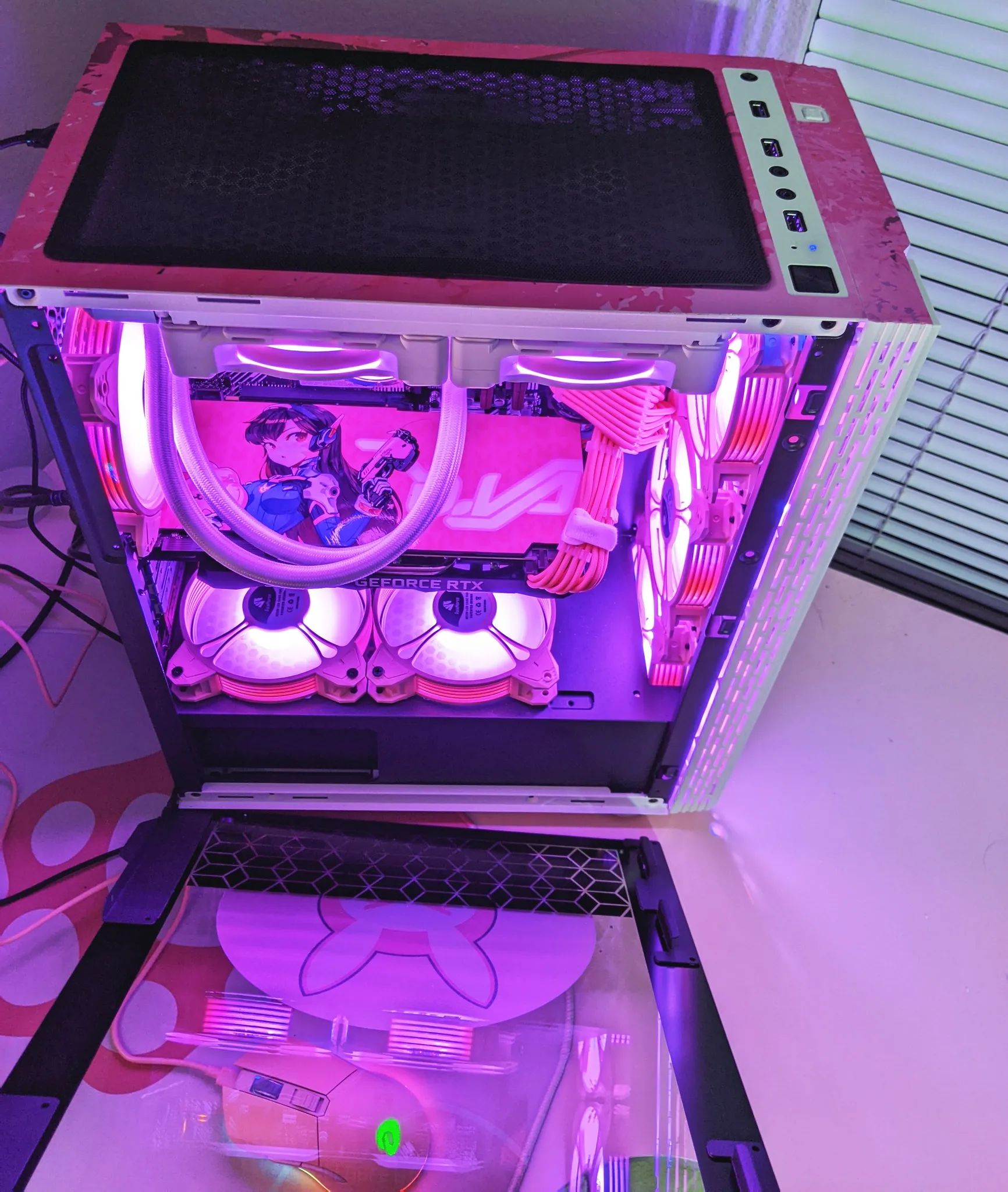 Top view of D.VA-themed wrap on DIYPC case