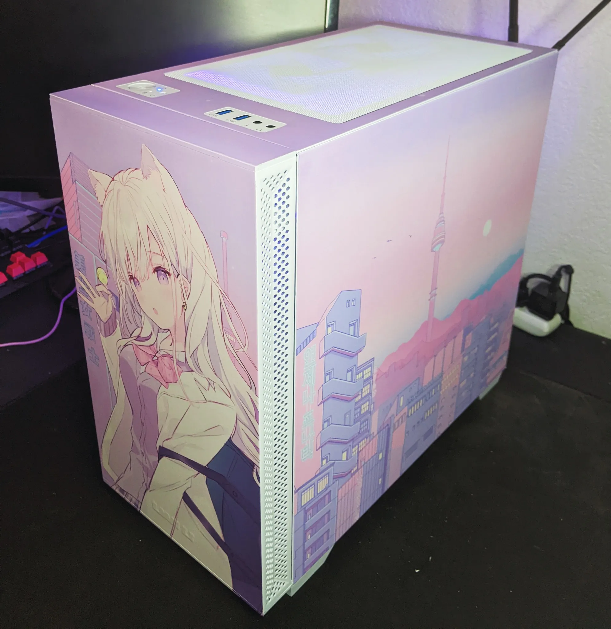 Back view of Neko-themed wrap on Lian Li Lancool 205M case