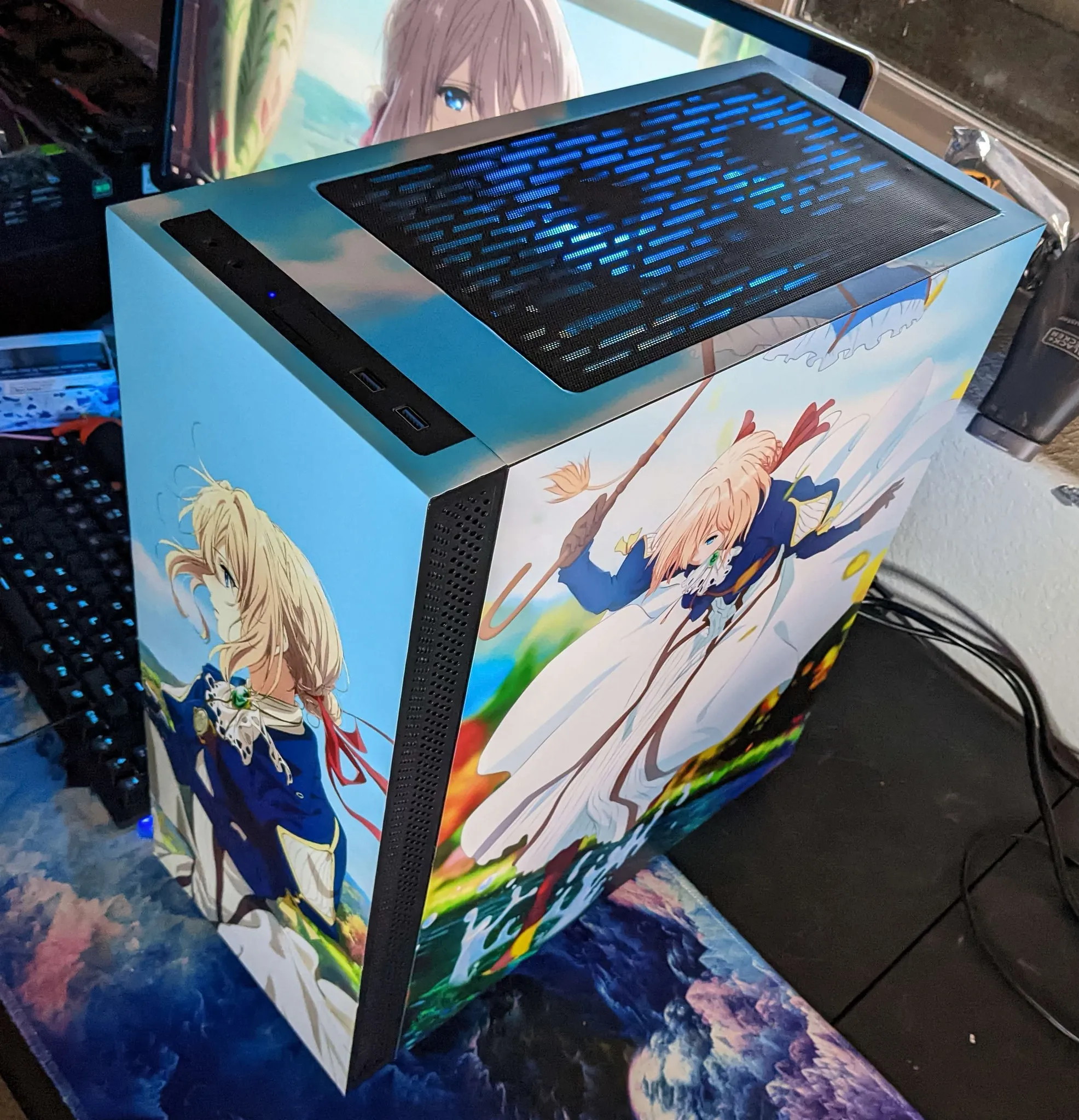 Back view of Violet Evergarden-themed wrap on Lian Li Lancool 205 case